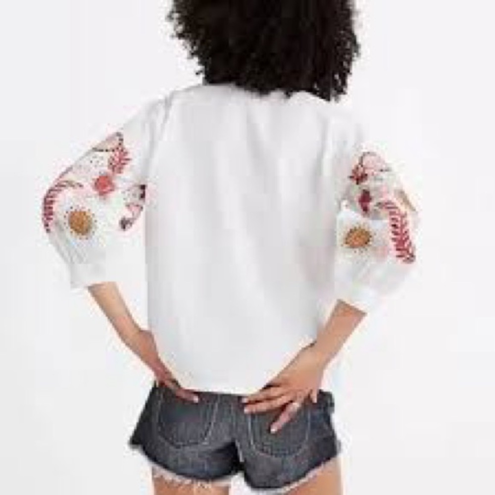 Madewell Blouse White Colorful Embroidered Popover Sleeve Hippie 70’s Vibes Sz M - Picture 2 of 15
